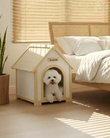 FSC Solid Cedar Pet House â€“ Cream Yellow Cabin Style Indoor Shelter for Small Dogs & Cats