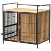 30 Inch Dog Crate Furniture, Indoor Pet Kennel Side Table with Rotatable Bowls, 2 Anti-Escape Doors, for M Dogs, Oak