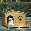 48" Wooden Dog House Outdoor with Porch, Dog Kennel with Water-Resistant Asphalt Roof and Fencing,Indoor & Outdoor Dog Crate with Paw Print, Medium