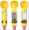 Portable 4-in-1 Pet Water Bottle With Food Storage, Poop Bag Dispenser, and Spoon. 300ml Capacity. Available In Yellow, Pink, Green, and Other Colors.