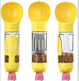 Portable 4-in-1 Pet Water Bottle With Food Storage, Poop Bag Dispenser, and Spoon. 300ml Capacity. Available In Yellow, Pink, Green, and Other Colors. (Color: Yellow)
