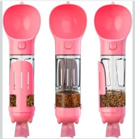 Portable 4-in-1 Pet Water Bottle With Food Storage, Poop Bag Dispenser, and Spoon. 300ml Capacity. Available In Yellow, Pink, Green, and Other Colors. (Color: Pink)