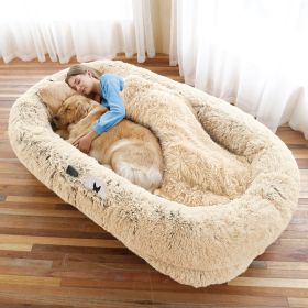 Human Dog Bed, Large Size Fits You and Pets, Washable Faux Fur Dog Bed for People Doze Off, Napping Orthopedic Dog Bed, Present Plump Pillow, Blanket (Color: Beige, size: 6XL(71"L x 45"W x 12"Th))